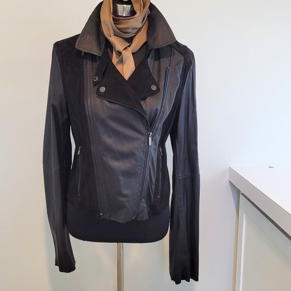 PAIGE Black Smooth + Suede leather Zip Front Cropped Moto Jacket Size L